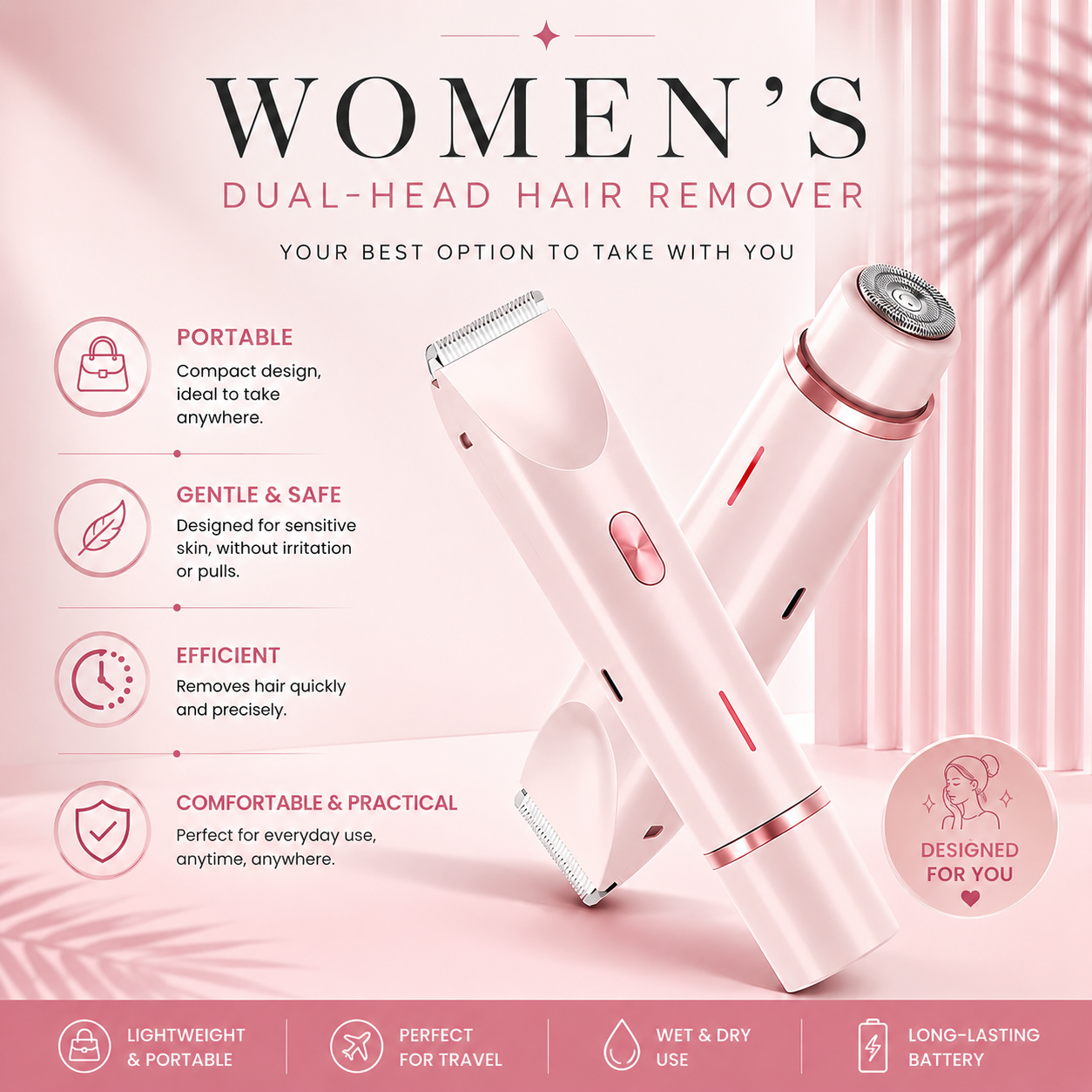 2-in-1 Women's Trimmer — Electric Shaver & Razor, Rechargeable Wet & Dry