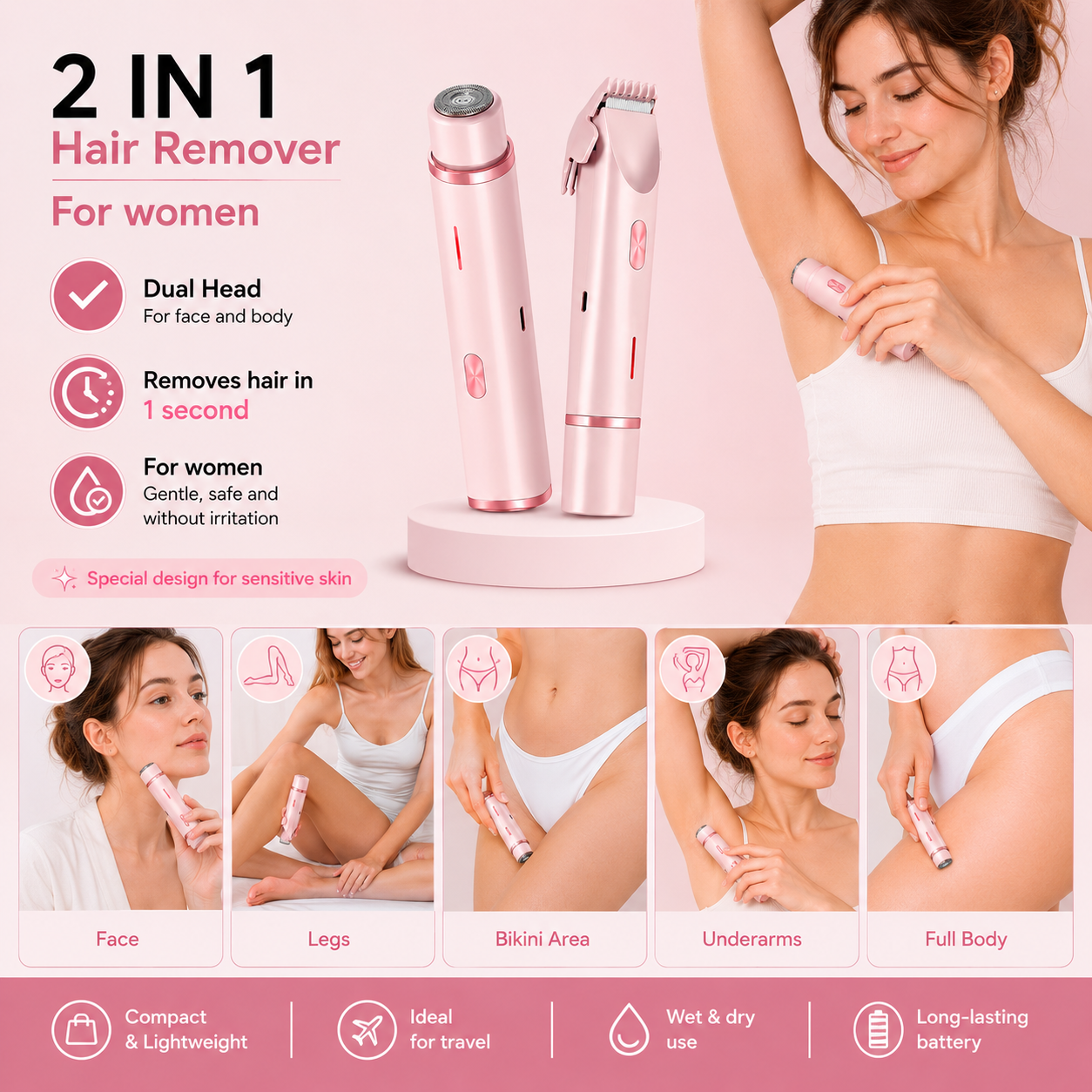 2-in-1 Women's Trimmer — Electric Shaver & Razor, Rechargeable Wet & Dry